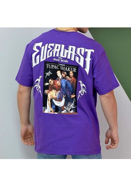 Blacksokak Erkek Mor Evelast Baskılı Oversize Bisiklet Yaka Tshirt