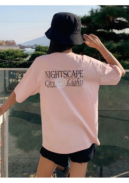 Blacksokak Kadın Pembe Nıght Baskılı Oversize Bisiklet Yaka Tshirt