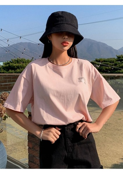 Blacksokak Kadın Pembe Nıght Baskılı Oversize Bisiklet Yaka Tshirt fiyatları