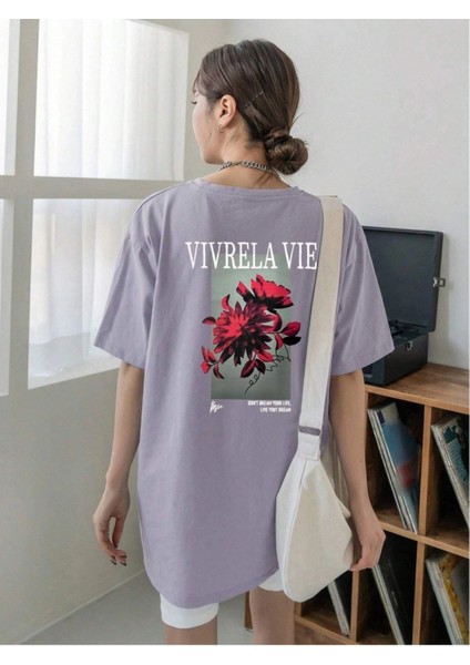 Unisex Lila Vivre La Vie Baskılı Oversize Bisiklet Yaka Penye Tişört