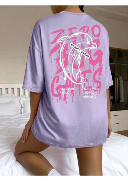 Blacksokak Kadın Lila Zero Bug Games Baskılı Oversize Bisiklet Yaka Tshirt fiyatları