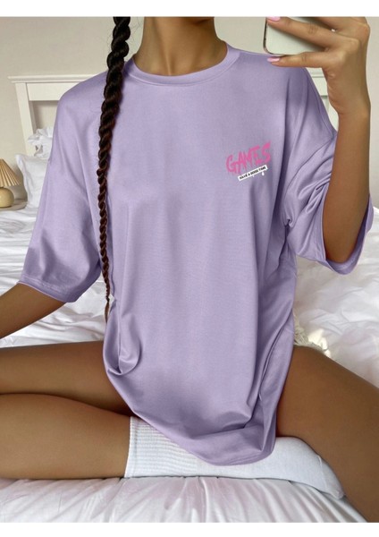 Blacksokak Kadın Lila Zero Bug Games Baskılı Oversize Bisiklet Yaka Tshirt modelleri