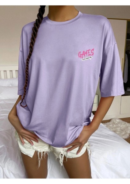 Blacksokak Kadın Lila Zero Bug Games Baskılı Oversize Bisiklet Yaka Tshirt fırsatları