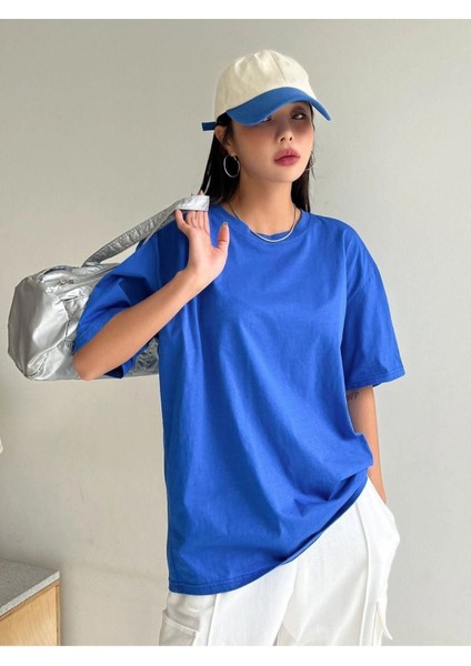 Blacksokak Kadın Mavi Oversize Bisiklet Yaka Tshirt