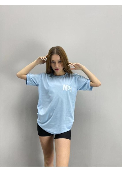 Blacksokak Kadın Mavi No 1 Baskılı Oversize Bisiklet Yaka Tshirt