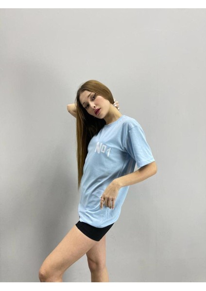 Blacksokak Kadın Mavi No 1 Baskılı Oversize Bisiklet Yaka Tshirt fiyatları