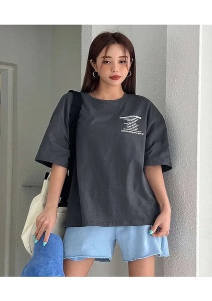 Blacksokak Kadın Füme Nothing For Baskılı Oversize Bisiklet Yaka Tshirt