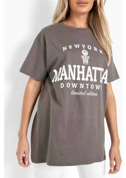 Blacksokak Kadın Koyu Gri Manhattan Baskılı Oversize Bisiklet Yaka T-Shirt fiyatları