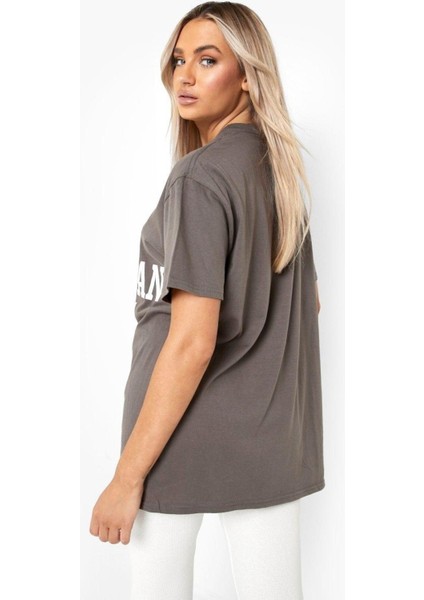 Blacksokak Kadın Koyu Gri Manhattan Baskılı Oversize Bisiklet Yaka T-Shirt fırsatları