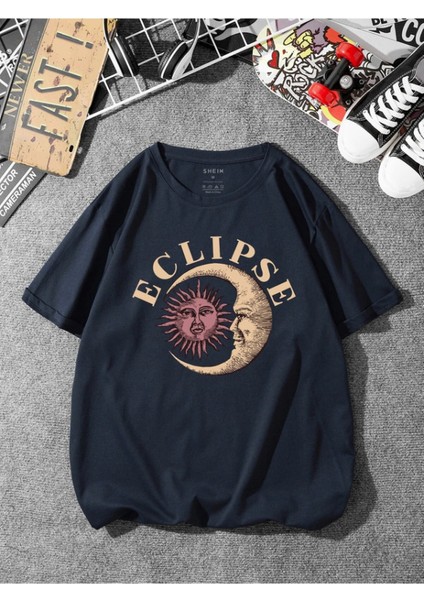Blacksokak Unisex Lacivert Eclips Baskılı Oversize T-Shirt