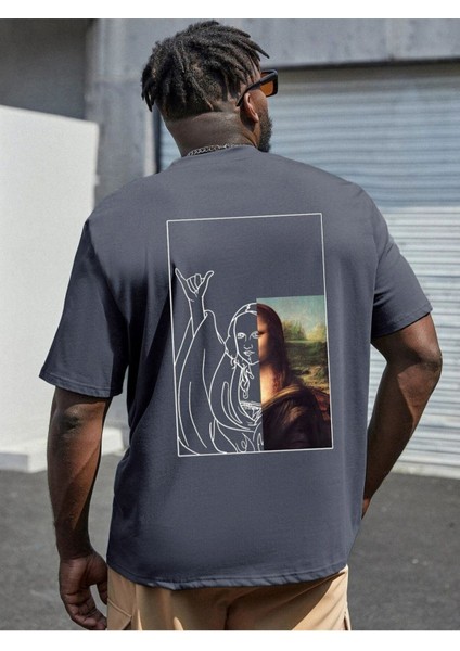 Erkek Lacivert Mona Lisa Baskılı Bisiklet Yaka Tshirt