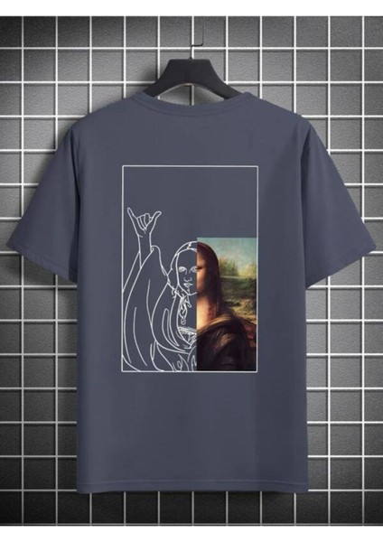 Erkek Lacivert Mona Lisa Baskılı Bisiklet Yaka Tshirt fiyatları