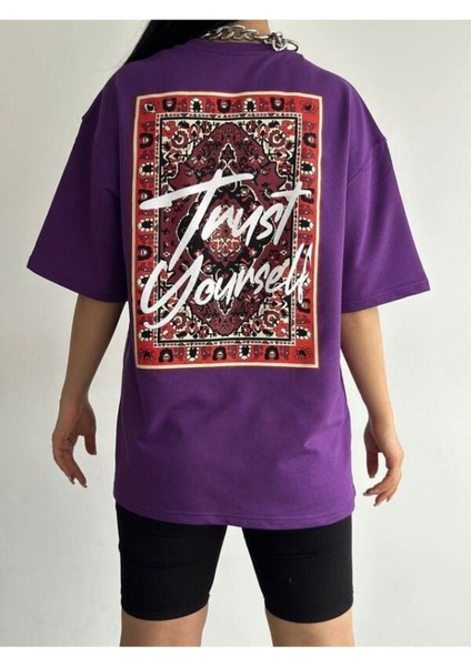 Kadın Mor Trustyourself Oversize Bisiklet Yaka Tshirt