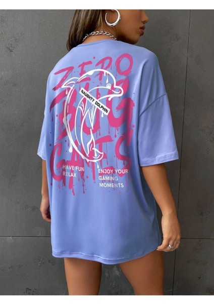 Blacksokak Kadın Mavi Zero Bug Games Baskılı Oversize Bisiklet Yaka Tshirt