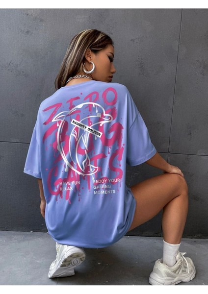 Blacksokak Kadın Mavi Zero Bug Games Baskılı Oversize Bisiklet Yaka Tshirt fiyatları