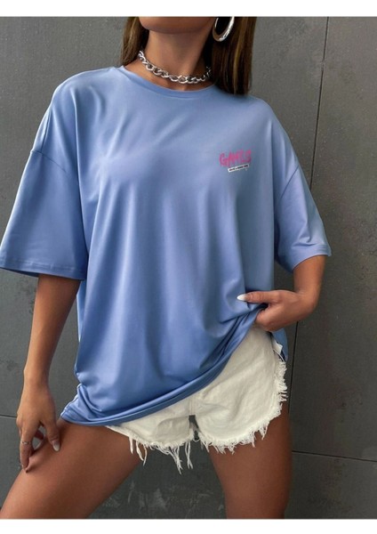 Blacksokak Kadın Mavi Zero Bug Games Baskılı Oversize Bisiklet Yaka Tshirt modelleri