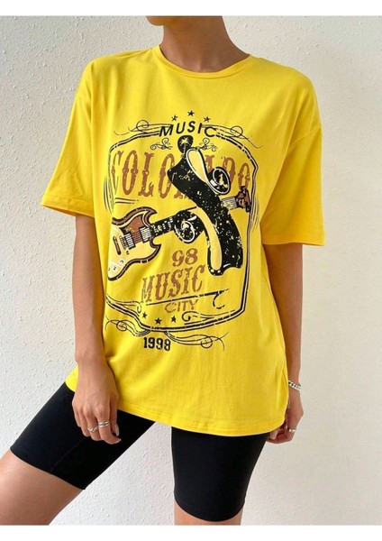 Blacksokak Kadın Sarı 98 Musıc Cıty Oversize Bisiklet Yaka Tshirt