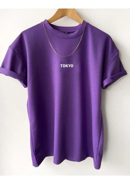 Erkek Mor Tokyo Baskılı Oversize Bisiklet Yaka Tshirt