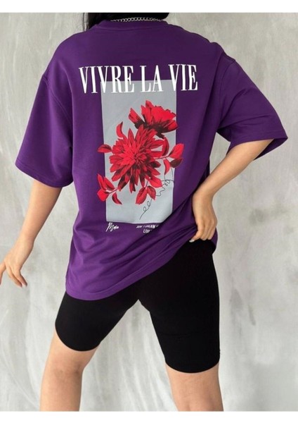 Unisex Mor Vivre La Vie Baskılı Oversize Bisiklet Yaka Penye Tişört