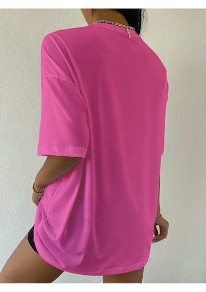 Blacksokak Kadın Pembe Boston Baskılı Oversize Bisiklet Yaka Tshirt fiyatları