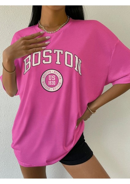 Blacksokak Kadın Pembe Boston Baskılı Oversize Bisiklet Yaka Tshirt modelleri