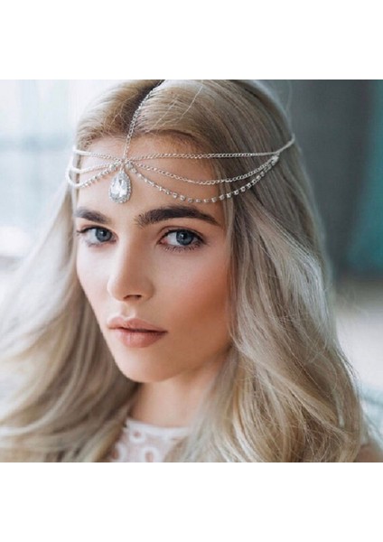 Açık Sarı Altın Rengi Kristal Alın Dansı Kaş Kolye Headdress Kristal Alın Zinciri Su Damlası Saç Süsleme Kafa Zinciri Bohem Headdress (Yurt Dışından) fiyatları