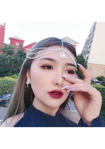 Açık Sarı Altın Rengi Kristal Alın Dansı Kaş Kolye Headdress Kristal Alın Zinciri Su Damlası Saç Süsleme Kafa Zinciri Bohem Headdress (Yurt Dışından) fırsatları