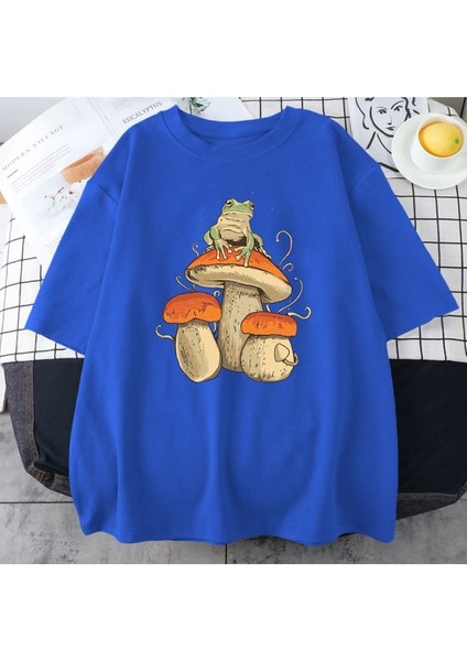 Blacksokak Erkek Maviı Mantar Baskılı Oversize Bisiklet Yaka Tshirt