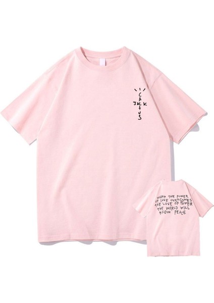 Blacksokak Erkek Pembe Cactus Jack Baskılı Oversize Bisiklet Yaka Tshirt