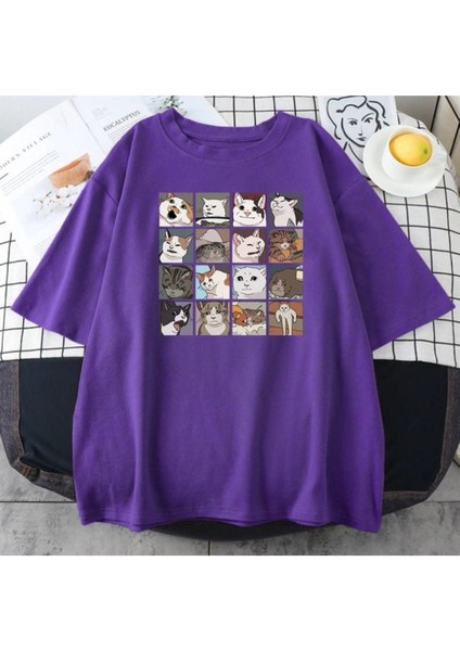 Blacksokak Erkek Mor Cat Baskılı Oversize Bisiklet Yaka Tshirt
