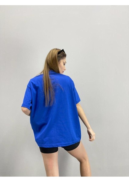 Blacksokak Kadın Mavi Hardheaded Baskılı Oversize Bisiklet Yaka Tshirt modelleri