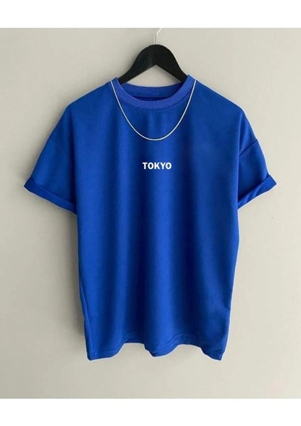 Erkek Mavi Tokyo Baskılı Oversize Bisiklet Yaka Tshirt