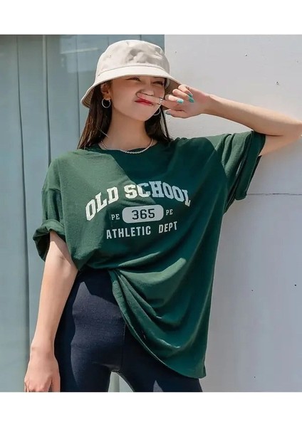 Blacksokak Kadın Yeşil Old School Baskılı Oversize Bisiklet Yaka Tshirt