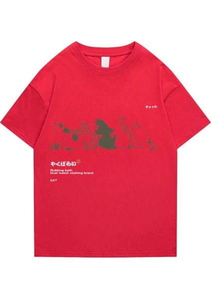 Blacksokak Erkek Pembe Kedi Baskılı Oversize Bisiklet Yaka Tshirt