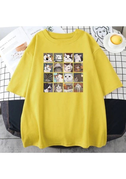 Blacksokak Erkek Sarı Cat Baskılı Oversize Bisiklet Yaka Tshirt