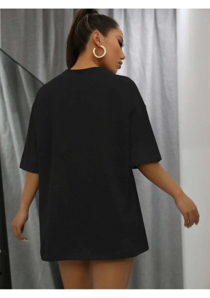 Kadın Siyah 90S Baskılı Düşük Omuz Oversize Bisiklet Yaka T-Shirt fiyatları