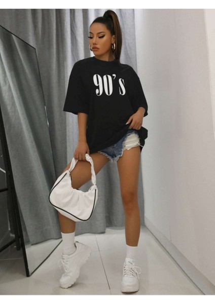 Kadın Siyah 90S Baskılı Düşük Omuz Oversize Bisiklet Yaka T-Shirt modelleri