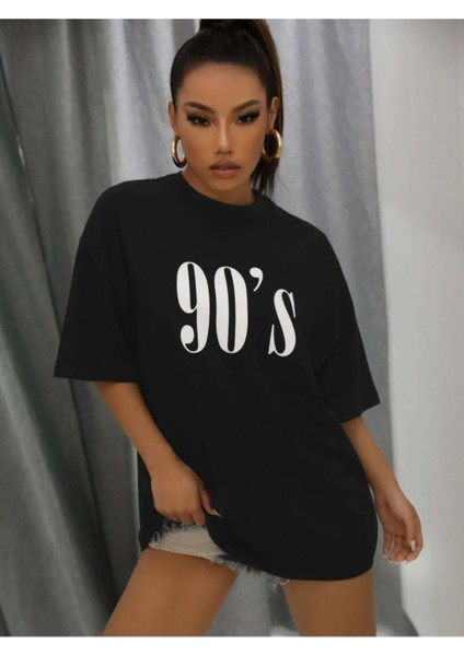 Kadın Siyah 90S Baskılı Düşük Omuz Oversize Bisiklet Yaka T-Shirt fırsatları