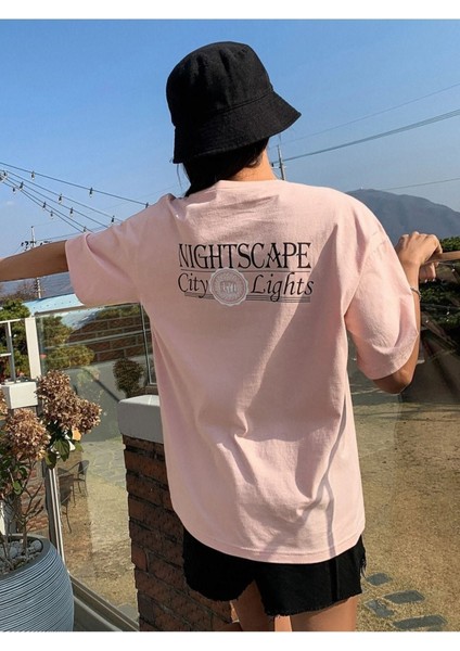 Blacksokak Kadın Pembe Nıght Baskılı Oversize Bisiklet Yaka Tshirt modelleri