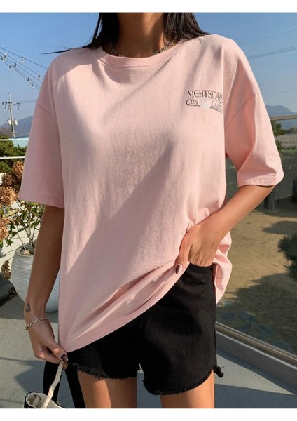 Blacksokak Kadın Pembe Nıght Baskılı Oversize Bisiklet Yaka Tshirt fırsatları