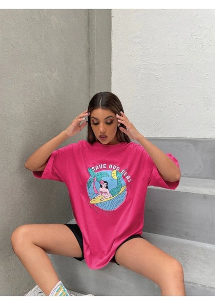 Blacksokak Kadın Pembe Save Our Seas Baskılı Oversize Bisiklet Yaka Tshirt