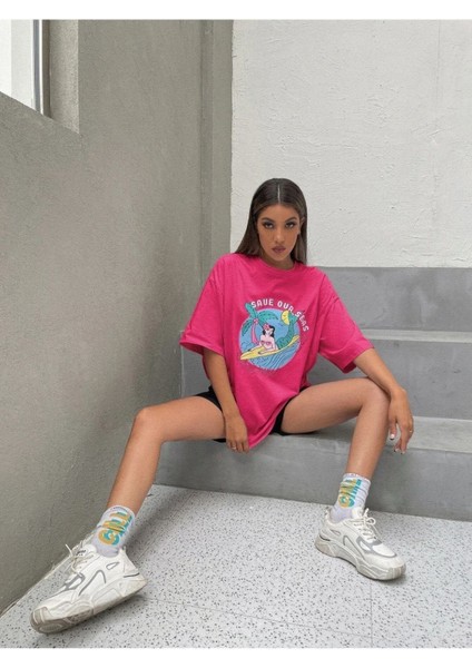 Blacksokak Kadın Pembe Save Our Seas Baskılı Oversize Bisiklet Yaka Tshirt modelleri