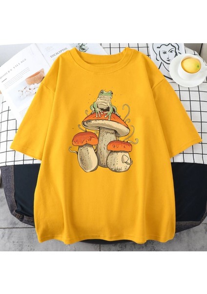 Blacksokak Erkek Sarı Mantar Baskılı Oversize Bisiklet Yaka Tshirt