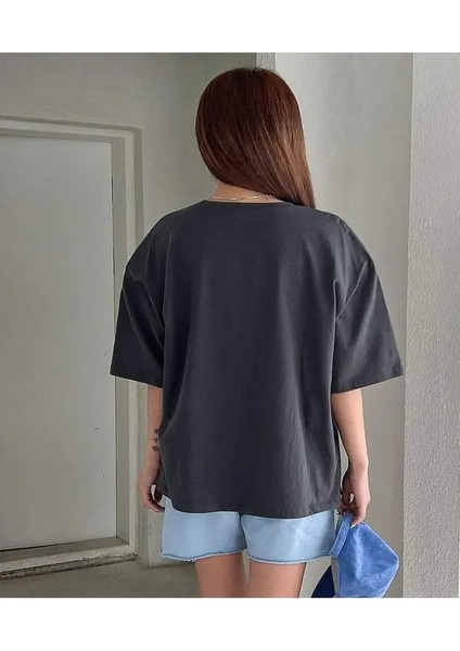 Blacksokak Kadın Füme Nothing For Baskılı Oversize Bisiklet Yaka Tshirt modelleri