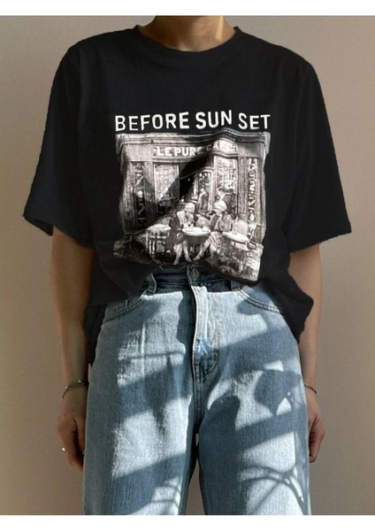 Blacksokak Kadın Siyah Before Sunset Baskılı Oversize Bisiklet Yaka Tshirt