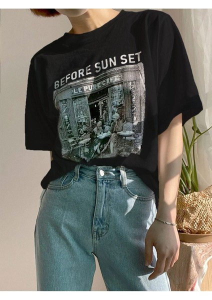 Blacksokak Kadın Siyah Before Sunset Baskılı Oversize Bisiklet Yaka Tshirt fiyatları