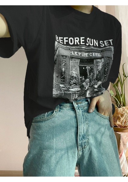 Blacksokak Kadın Siyah Before Sunset Baskılı Oversize Bisiklet Yaka Tshirt modelleri