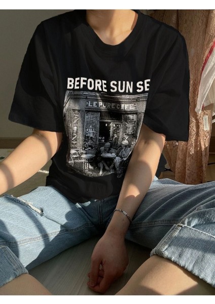 Blacksokak Kadın Siyah Before Sunset Baskılı Oversize Bisiklet Yaka Tshirt fırsatları