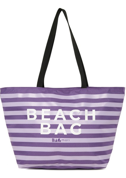 Lila Çizgili Beach Bag Baskılı Plaj Çantası
