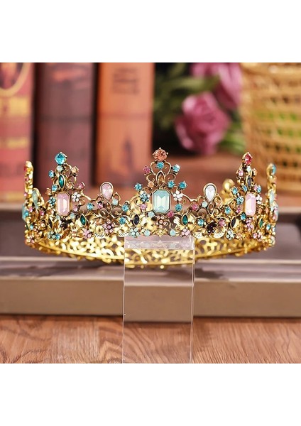 Altın Gül Kristal Rhinestone Yuvarlak Taç Tiara Saç Takı Düğün Saç Aksesuarları Gelin Saç Takı Kraliçe Parti Taç ve Tiaras Hediye (Yurt Dışından)